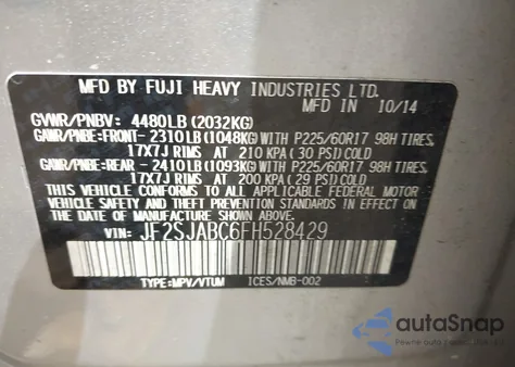 2015 Subaru Forester 2.5I z USA, uszkodzony, nr VIN JF2SJABC6FH528429